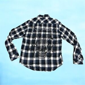 ED Hardy Shirt Mens L Large Blue Black Embroidered Logo Embellished Rhinestone